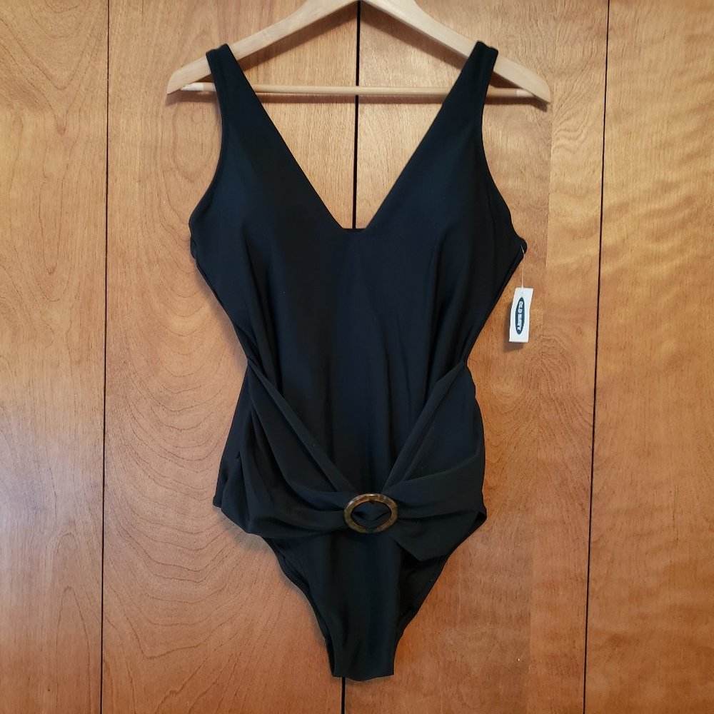 Old Navy Black Belted V Neck One Piece Swimsuit XL